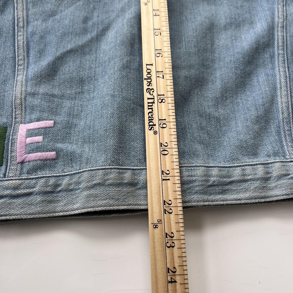 Frame Embroidered Cuffed Jean Jacket Denim Rydell Ave Logo Light Womens Sz Large - Picture 16 of 16